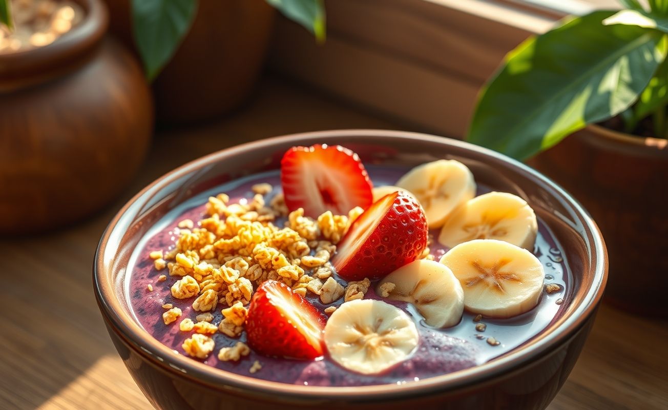 Açaí na tigela servido em bowl com granola crocante, frutas frescas e paçoca triturada, textura cremosa e cores vibrantes