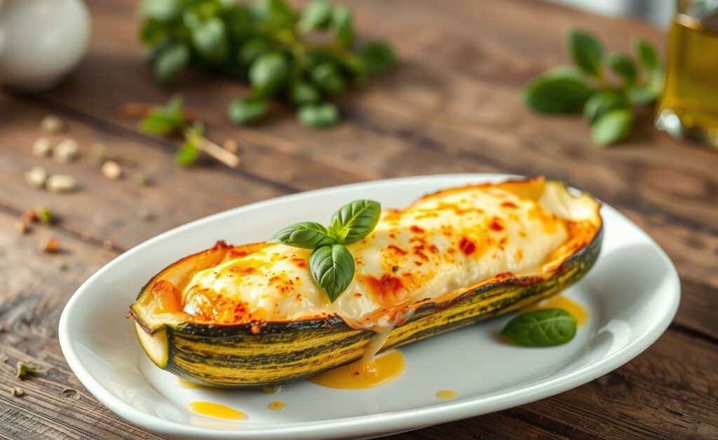 Abobrinha recheada assada com queijo derretido e manjericão fresco, uma das melhores Receitas com abobrinha para uma refeição saudável