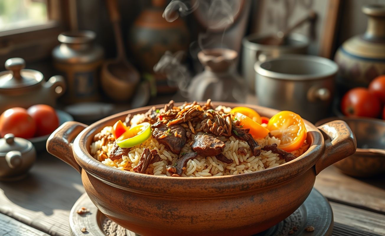 Arroz Carreteiro tradicional servido em panela de barro com carne seca desfiada, arroz cremoso e pedaços de pimentão visíveis