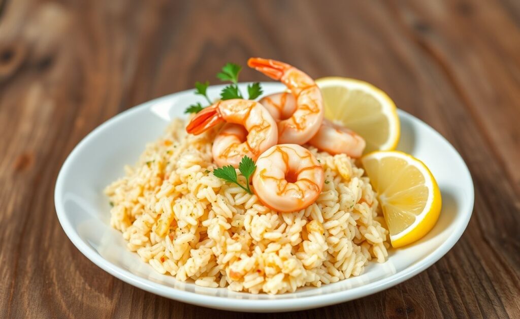 Prato de Arroz com camarão cremoso acompanhado de camarões rosados, decorado com salsinha fresca e limão, servido em prato branco
