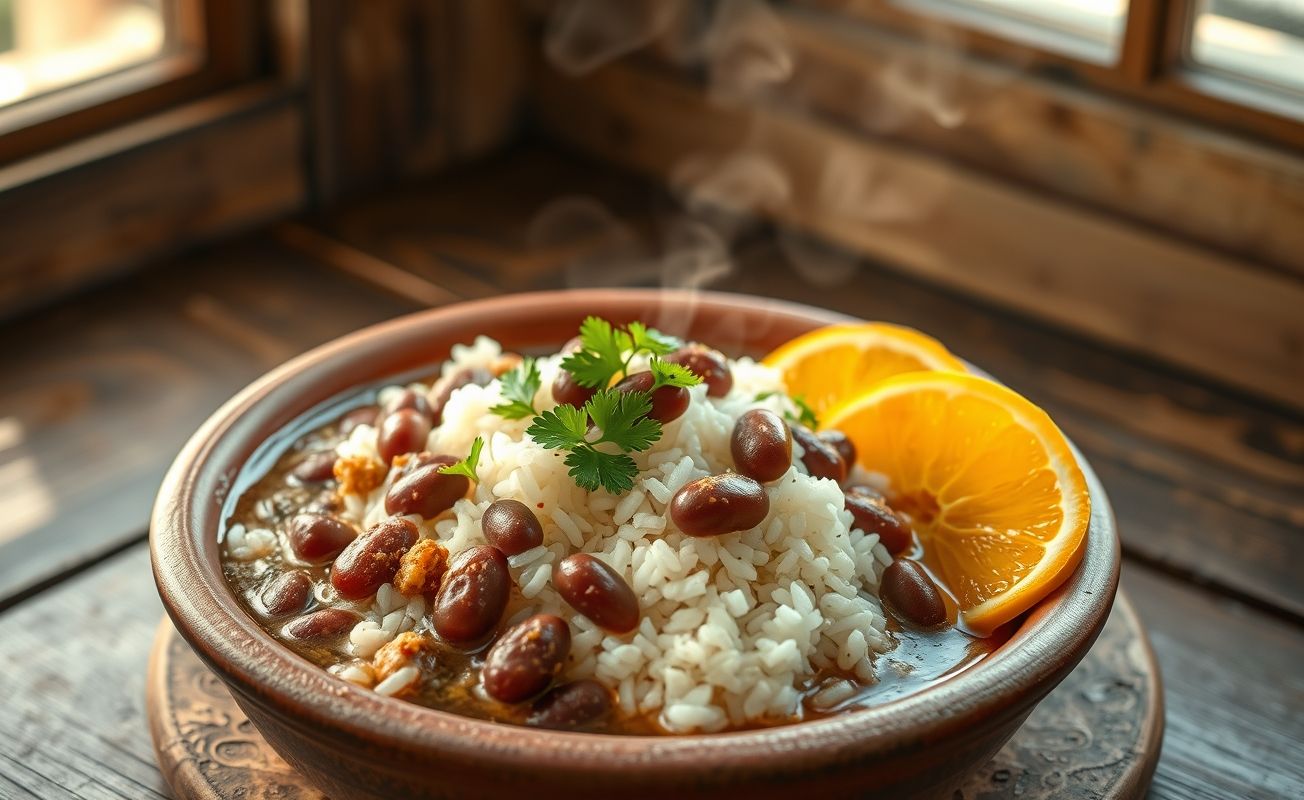Prato de Arroz com Feijão tradicional brasileiro servido em bowl de barro, com arroz branco soltinho e feijão cremoso, decorado com salsinha fresca