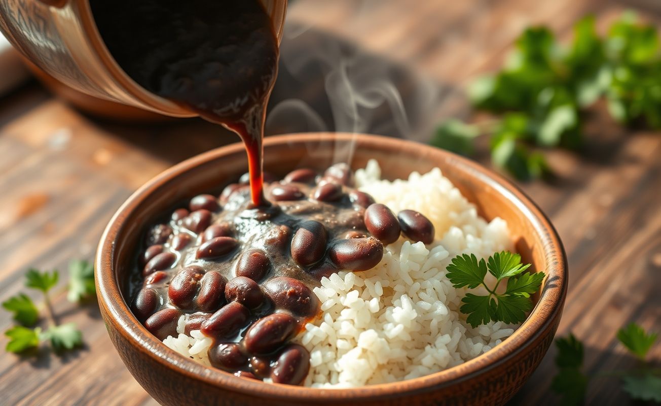 Prato tradicional de Arroz com Feijão brasileiro, com feijão cremoso sobre arroz branco soltinho, decorado com cheiro-verde fresco