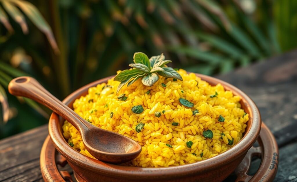 Prato tradicional de Arroz de Cuxá maranhense com arroz amarelado pelo dendê e pedacinhos verdes de vinagreira, servido em panela de barro.
