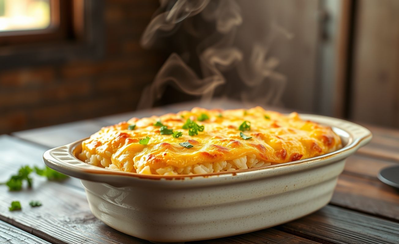 Arroz de Forno tradicional em forma cerâmica com crosta dourada de queijo derretido e camadas cremosas visíveis