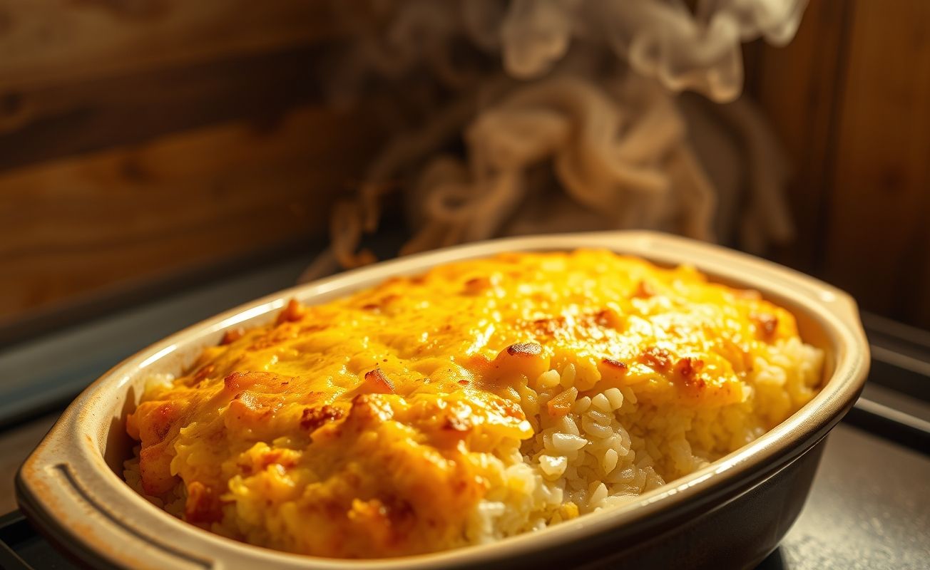 Arroz de forno gratinado em refratário, com queijo derretido dourado e camadas cremosas visíveis