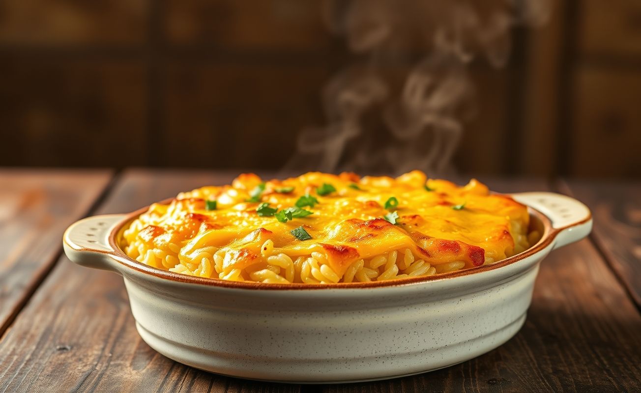 Arroz de forno servido em refratário com queijo derretido dourado e camadas cremosas visíveis, decorado com salsa fresca