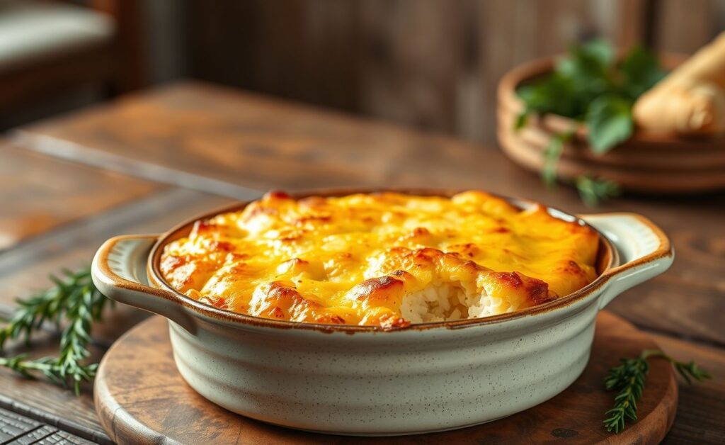 Arroz de forno gratinado em refratário branco com queijo derretido e dourado, acompanhado de salsa fresca como decoração