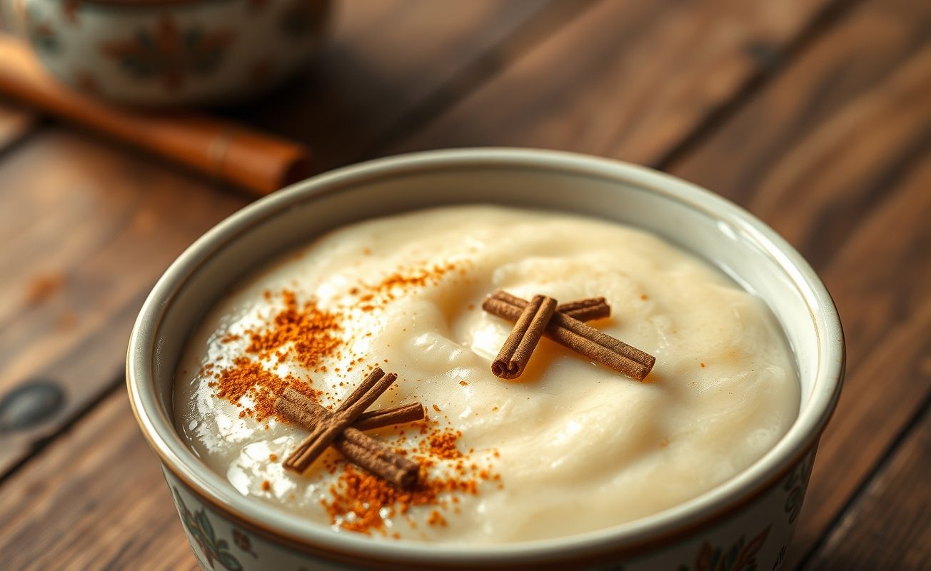 Arroz Doce cremoso servido em tigela de cerâmica com canela polvilhada, textura sedosa e aroma convidativo