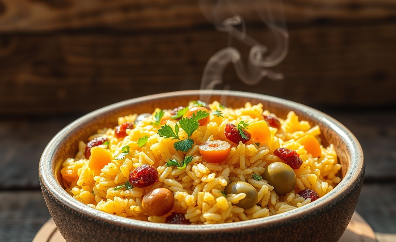 Arroz à Grega servido em bowl cerâmico com frutas secas, nozes e azeitonas verdes, decorado com salsinha fresca