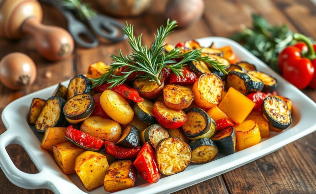 Assado Vegetariano com diversos legumes assados como batata, abobrinha e berinjela, dispostos em uma travessa branca com ervas frescas