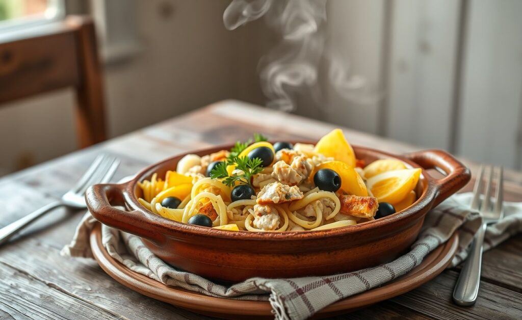 Bacalhau à Brás tradicional servido em travessa de barro com bacalhau desfiado cremoso, batata palha crocante e decorado com salsa e azeitonas