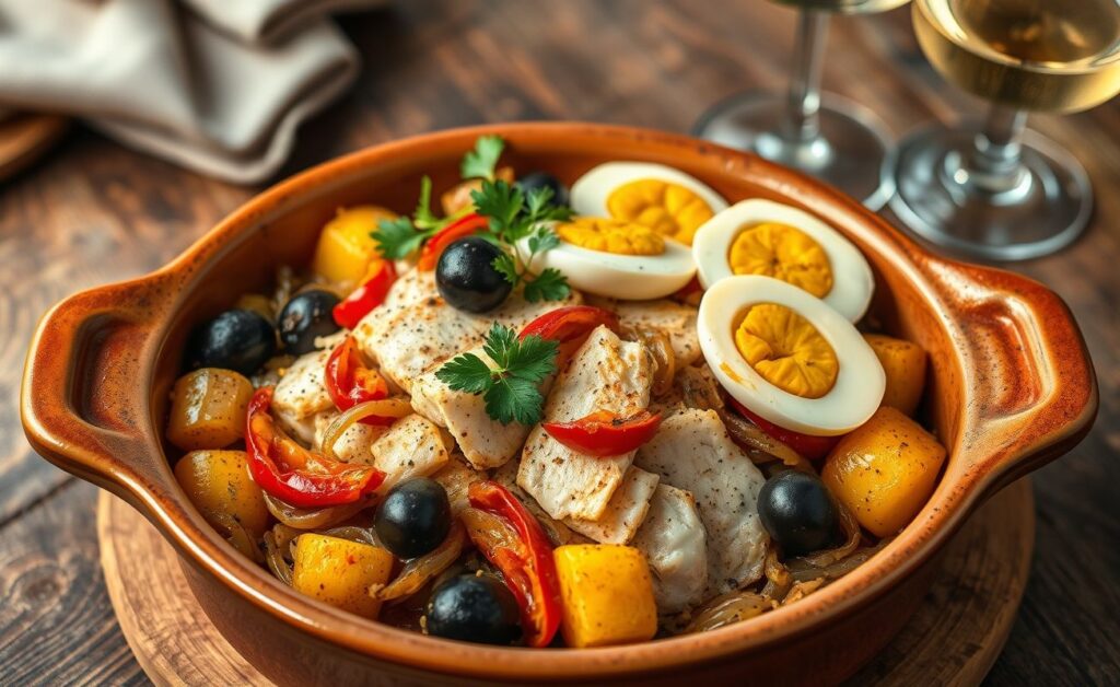 Bacalhoada portuguesa servida em assadeira de barro com camadas visíveis de bacalhau, batatas douradas, vegetais e decoração com ovos e salsa