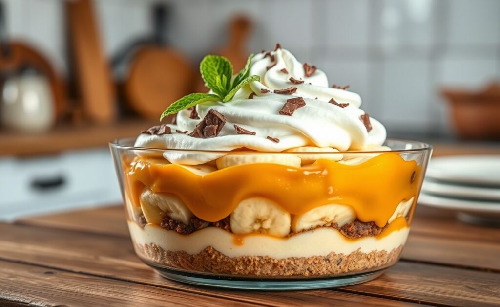 Banoffe Receita servida em travessa com camadas de biscoito, caramelo dourado, bananas e chantilly, decorada com raspas de chocolate