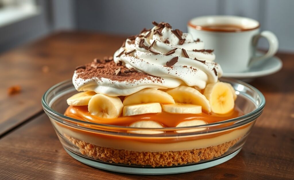 Receita de Banoffee pronta, mostrando camadas de biscoito, doce de leite, banana e chantilly, decorada com chocolate em pó