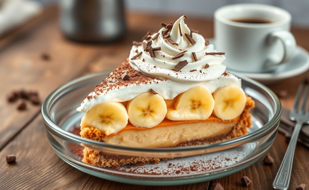 Fatia de Banoffee mostrando camadas de biscoito, doce de leite, banana e chantilly, decorada com raspas de chocolate