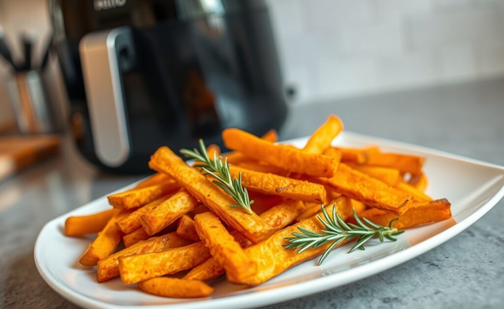 Batata-doce na air fryer dourada e crocante servida em prato branco, acompanhada de ramos de alecrim fresco
