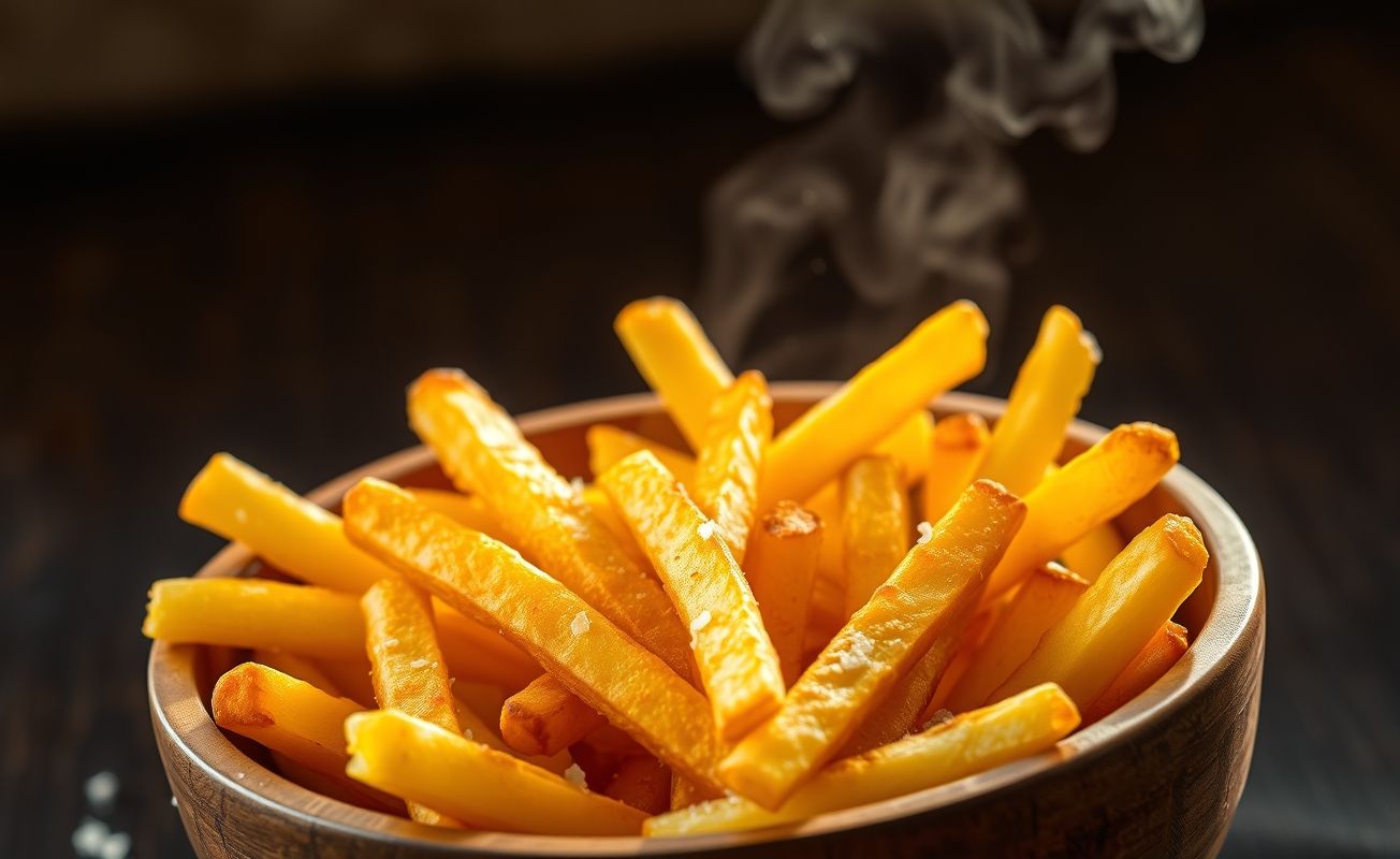 Batata frita dourada e crocante servida em tigela de madeira rústica, com sal visível e textura appetitosa