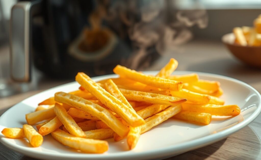 Batata frita na air fryer dourada e crocante servida em prato branco, com temperos visíveis e textura convidativa