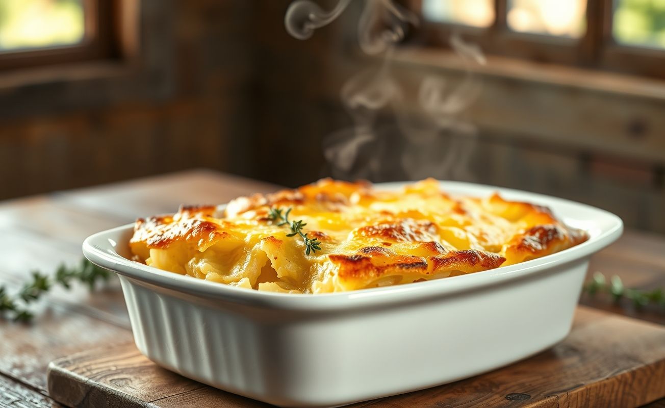 Batata gratinada dourada servida em refratário branco, com queijo derretido e camadas visíveis, decorada com ramos de tomilho fresco