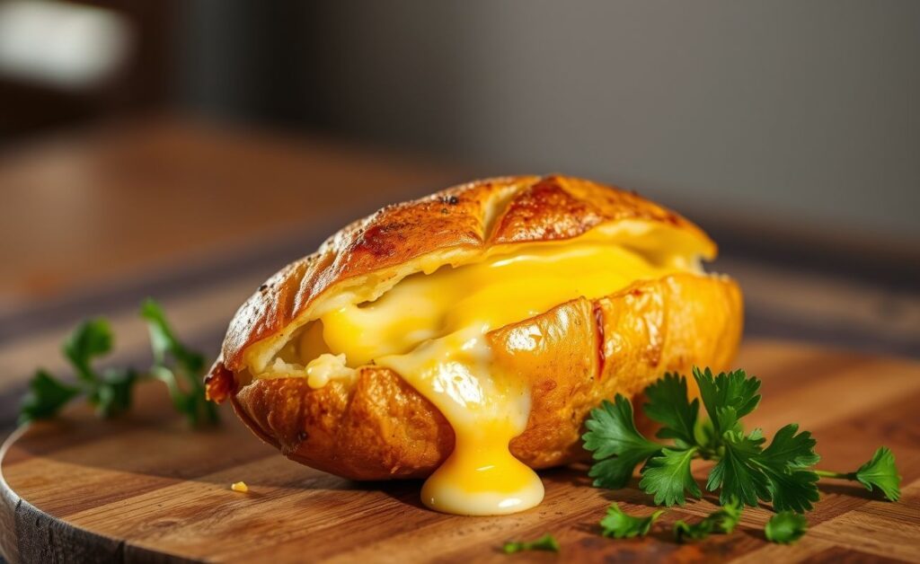 Batata recheada no forno dourada com queijo derretendo, servida em prato rústico decorado com salsinha fresca