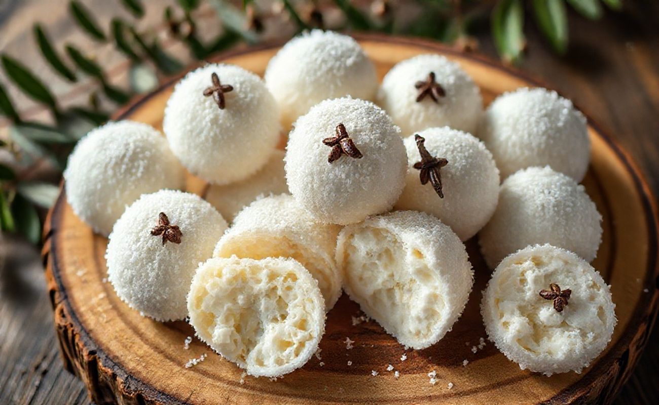 Beijinhos tradicionais brasileiros - bolinhas brancas de coco com açúcar cristal, decoradas com cravos-da-índia em tabua de madeira