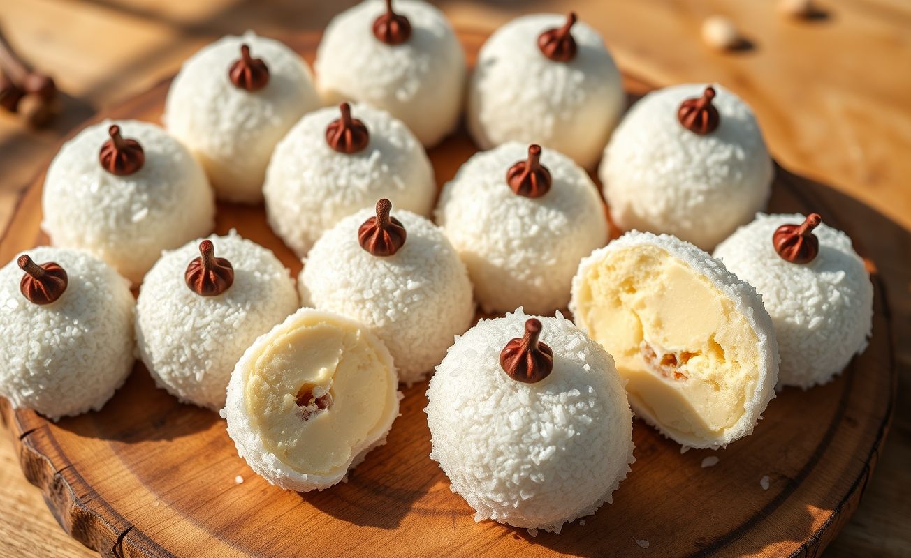 Beijinhos tradicionais brasileiros - bolinhas brancas de coco com açúcar cristal e cravo-da-índia, dispostas em tabua de madeira