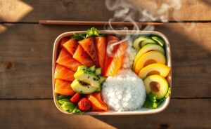 Bento box de comida japonesa aesthetic com salmão, arroz temperado, vegetais coloridos e abacate artisticamente dispostos