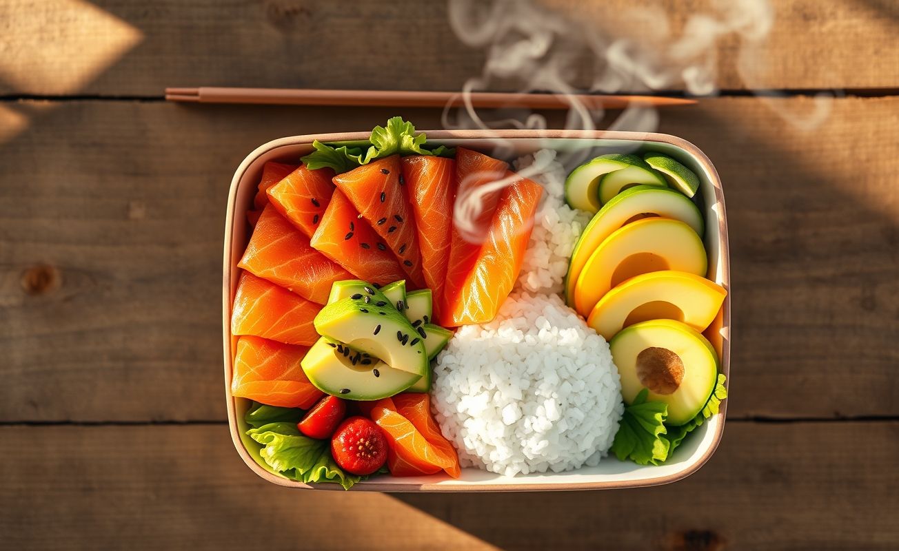 Bento box de comida japonesa aesthetic com salmão, arroz temperado, vegetais coloridos e abacate artisticamente dispostos