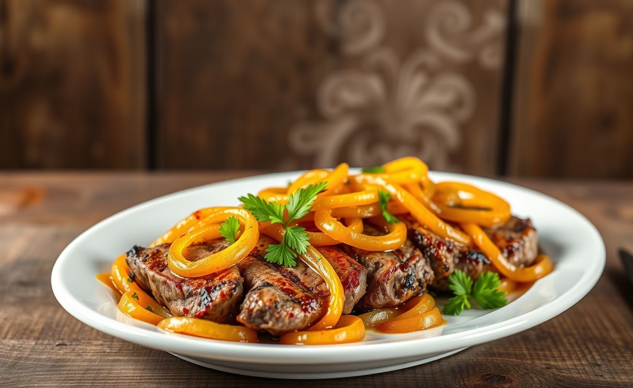Bife Acebolado servido em prato branco com carne suculenta coberta por cebolas caramelizadas douradas e salsa fresca