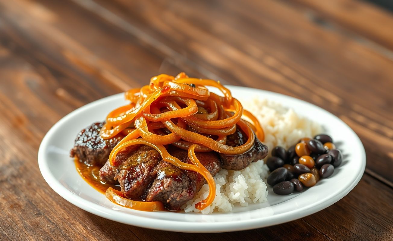 Bife acebolado brasileiro com carne grelhada coberta por cebolas caramelizadas douradas, servido em prato branco com arroz e feijão