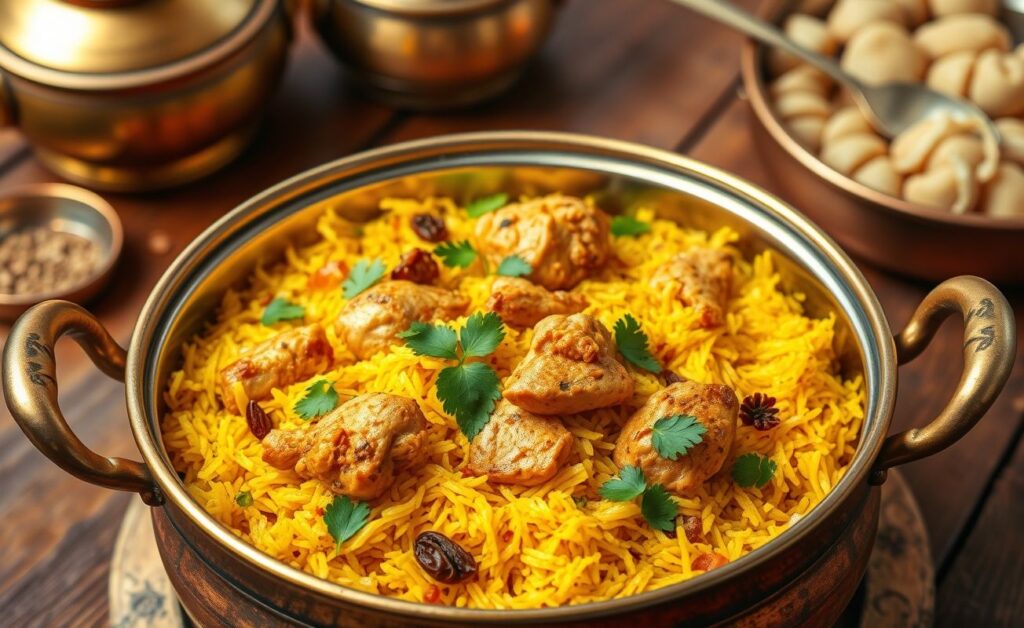 Biryani de frango servido em panela de cobre tradicional, com arroz dourado, pedaços de frango e decorado com coentro fresco e cebola caramelizada.