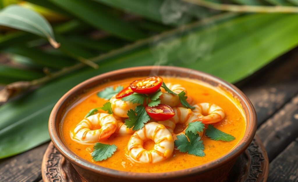 Bobó de camarão servido em cumbuca de barro, com molho cremoso laranja, camarões rosados e decorado com coentro fresco