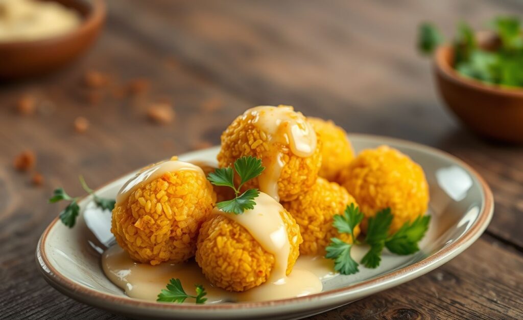 Bolinho de arroz dourado e crocante servido em um prato rústico, com queijo derretendo e decorado com salsa fresca