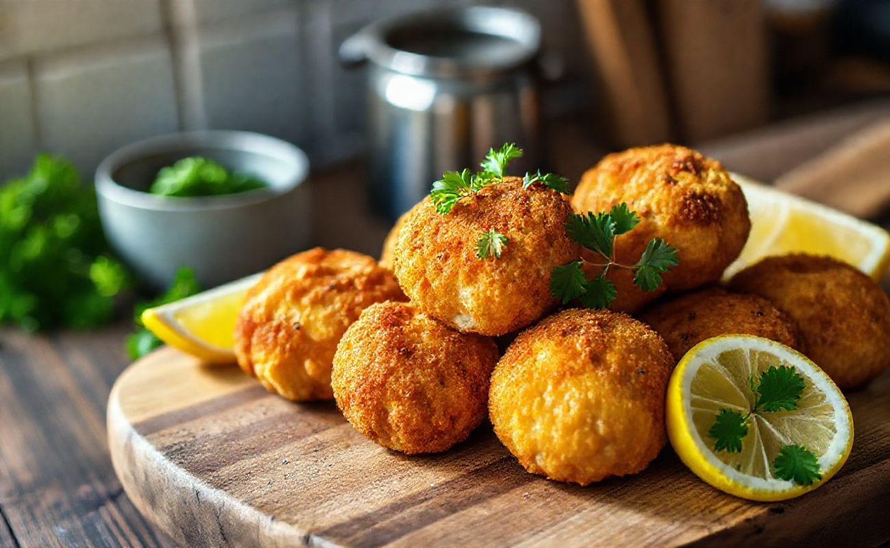 Bolinho de Bacalhau dourado servido em tábua de madeira com salsa fresca e limão, textura crocante visível