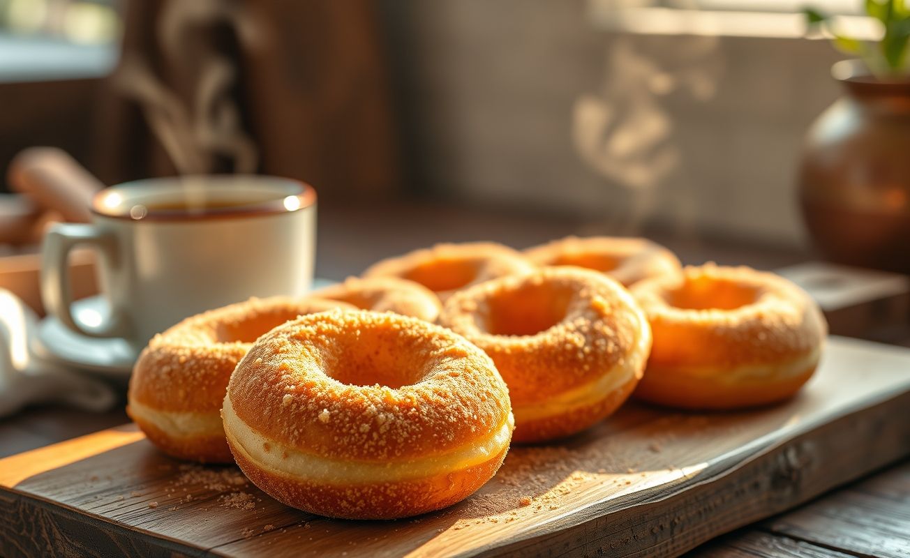 Bolinho de Chuva dourado polvilhado com canela e açúcar, disposto em tábua de madeira rústica