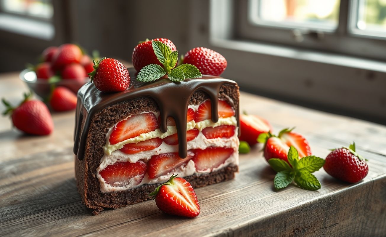 Fatia de bolo bombom de morango mostrando camadas de chocolate, creme e morangos frescos decorados com folhas de hortelã