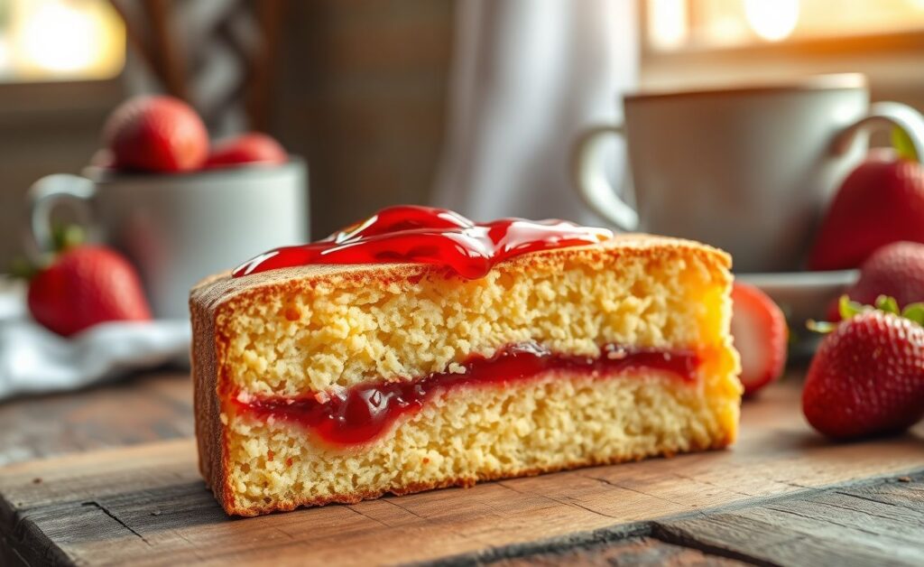 Bolo com geleia de morango cortado mostrando camadas douradas da massa e recheio vermelho vibrante da geleia, decorado com morangos frescos