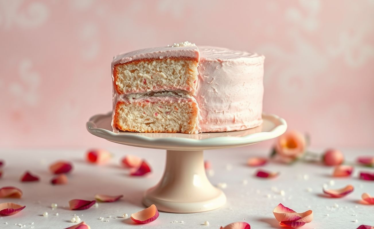 Bolo cor de rosa fatiado mostrando textura úmida, decorado com pétalas comestíveis em fundo pastel