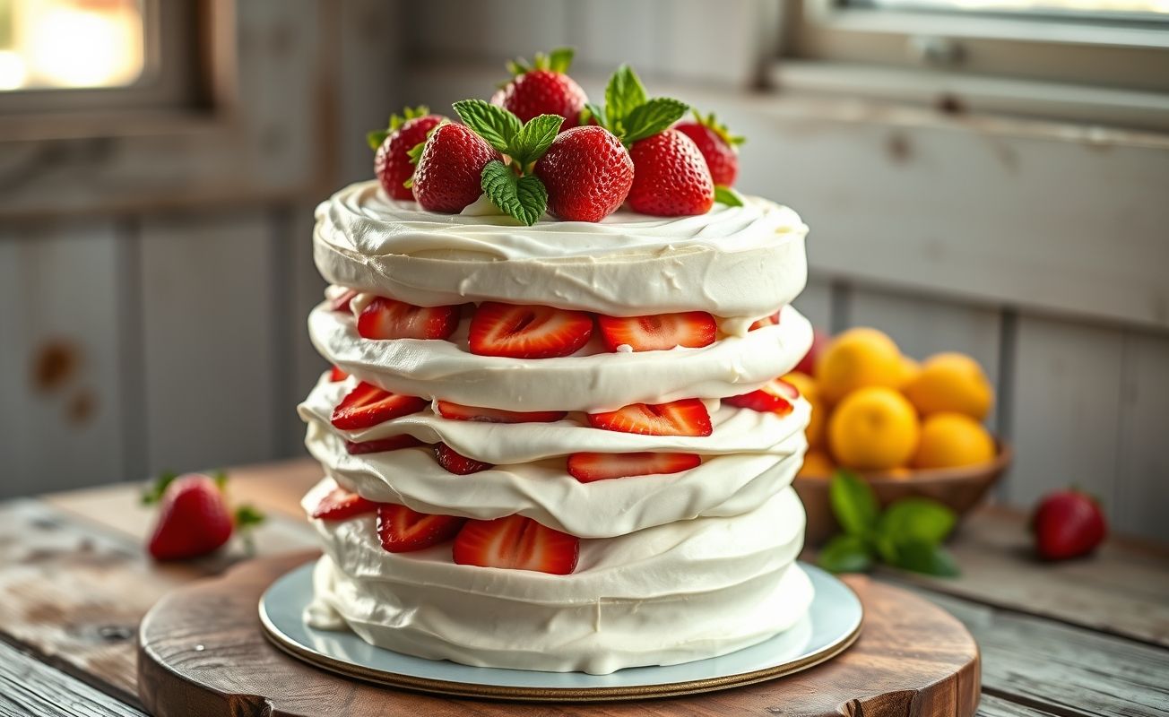 Bolo de aniversário com morango decorado com chantilly e frutas vermelhas frescas, cortado mostrando camadas úmidas e recheio cremoso
