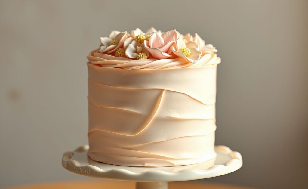 Bolo de aniversário delicado com cobertura suave de buttercream em tons pastéis e decoração floral elegante