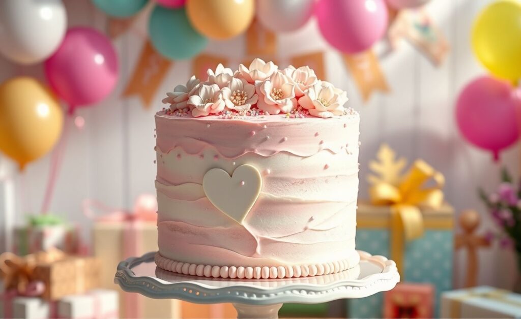Bolo de aniversário feminino decorado com flores de chantilly rosa e branco, sobre base elegante, pronto para servir em festas