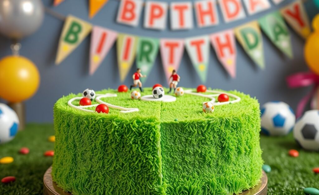 Bolo De Aniversário Futebol decorado como campo de futebol, com cobertura verde, linhas brancas e bolinhas de confeito