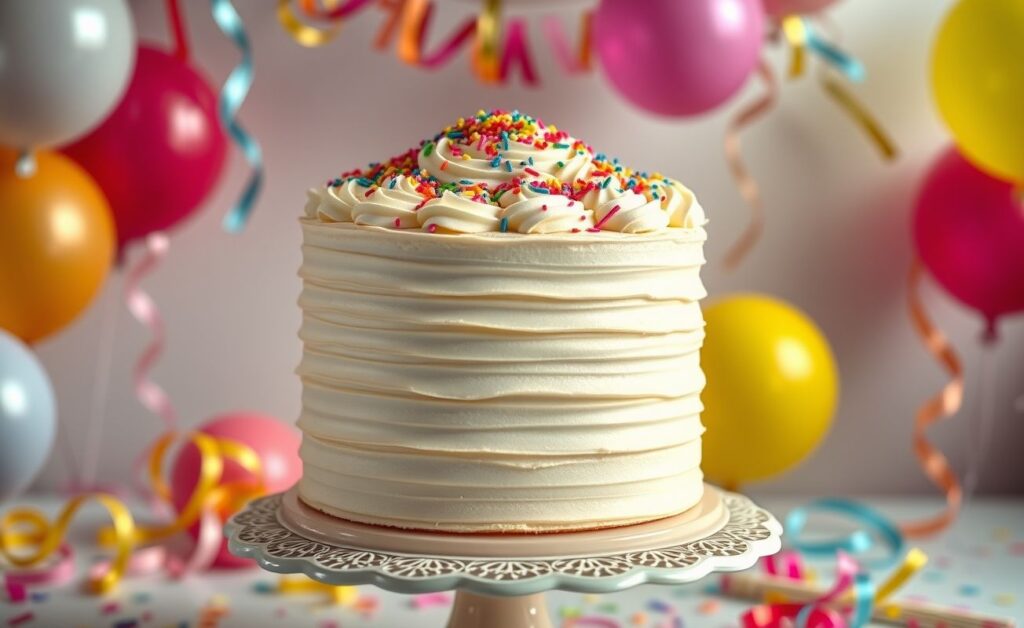 Bolo de Aniversário decorado com cobertura branca e confeitos coloridos, pronto para servir em uma mesa de festa