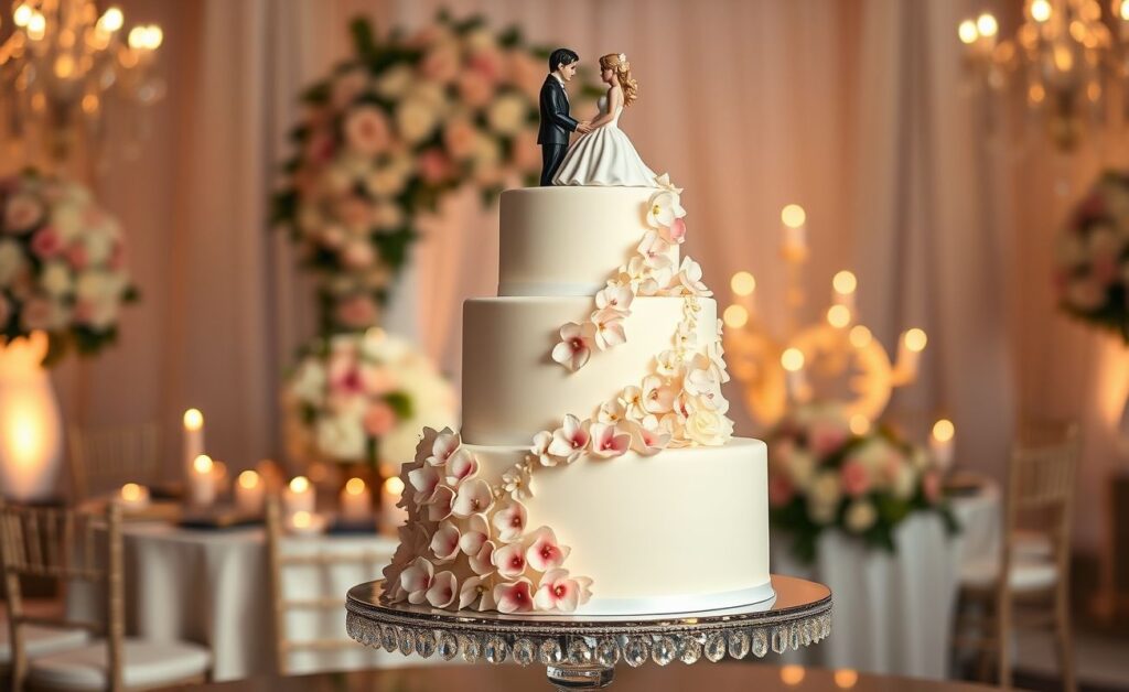 Bolo De Casamento Bonequinhos Topo De branco com três andares decorado com flores e bonecos no topo sobre mesa elegante