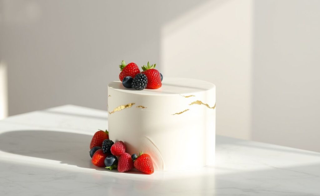 Bolo de casamento Civil minimalista 1 andar branco com detalhes em folha de ouro e frutas vermelhas, sobre mesa de mármore