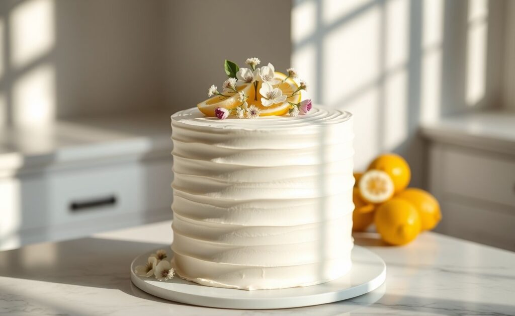 Bolo de Casamento Civil Minimalista branco decorado com fatias de limão e flores comestíveis em fundo de mármore