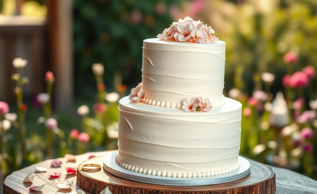 Bolo de casamento Civil simples 2 andares branco com cobertura lisa, decorado com flores comestíveis delicadas em dois níveis perfeitos