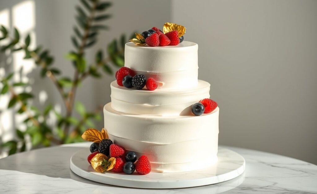 Bolo de casamento Minimalista 3 andares branco com cobertura lisa, decorado com frutas vermelhas e detalhes dourados, em três camadas perfeitas