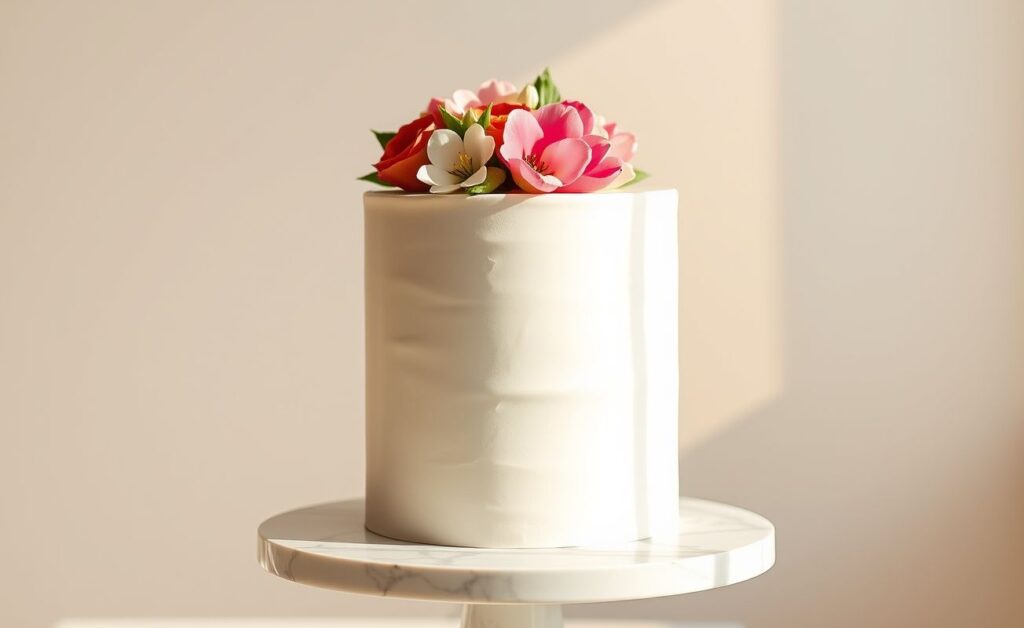 Bolo de casamento Minimalista branco com cobertura lisa de chantilly e decoração delicada com flores frescas, sobre base de mármore