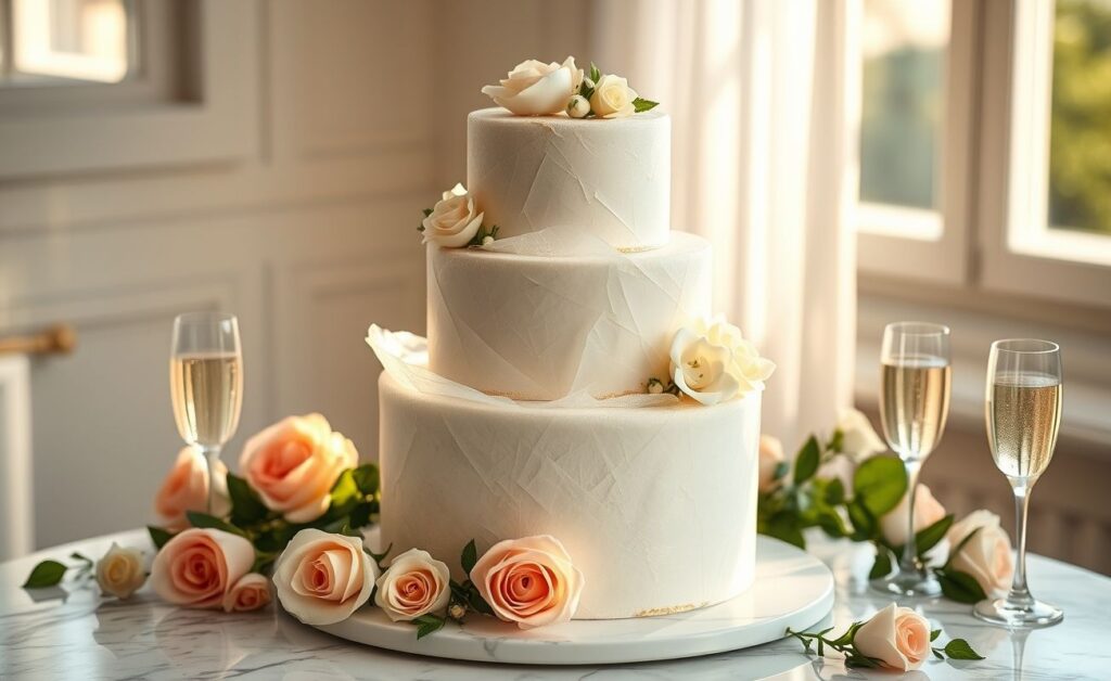 Bolo De Casamento Papel De Arroz branco com três andares, decorado com flores em creme e detalhes dourados, sobre mesa de mármore